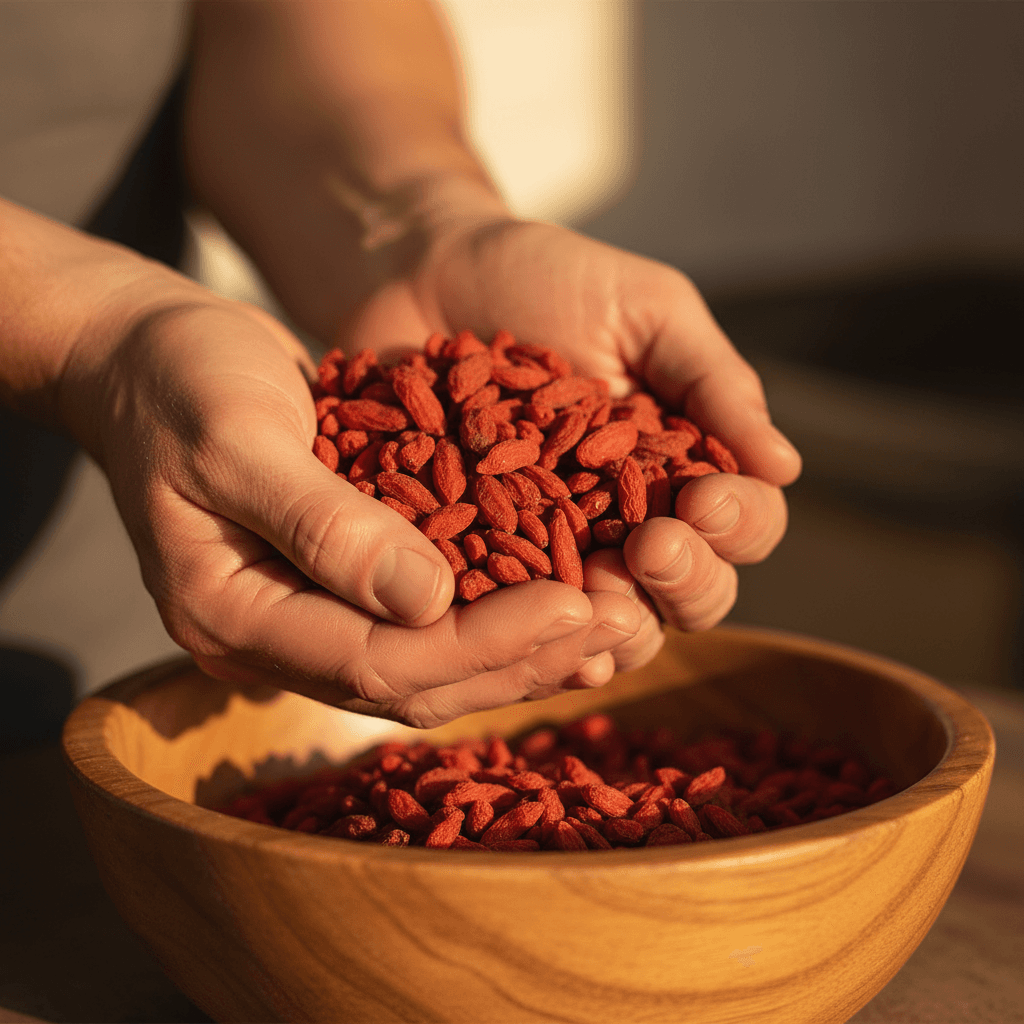 Hand-selected goji berries inspection