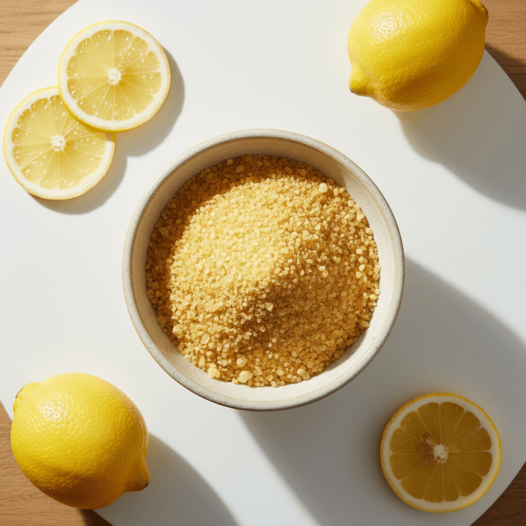 Organic Crystallized Lemon Powder in ceramic bowl with fresh lemons