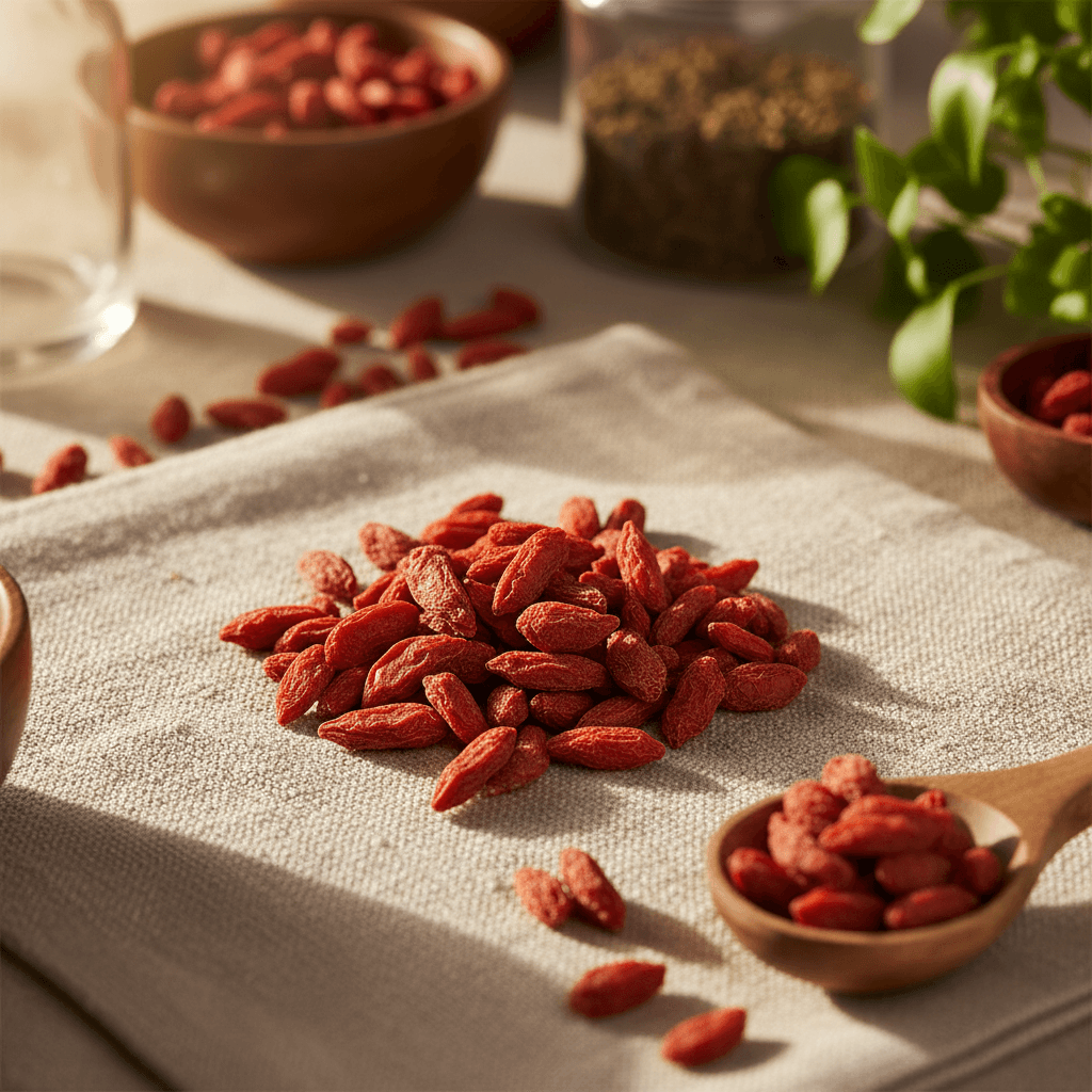 Organic Goji Berries scattered on linen with natural morning light