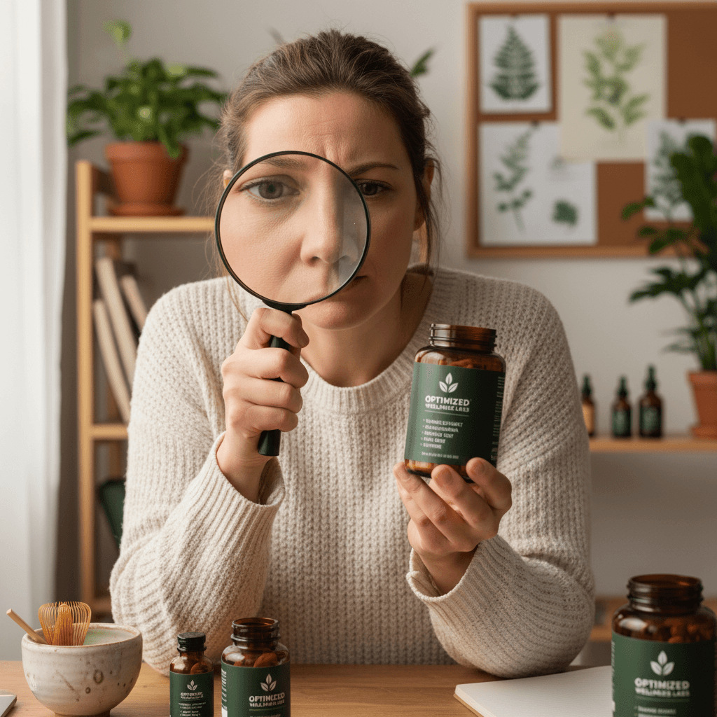 Customer examining Optimized Wellness Labs product label for ingredient transparency