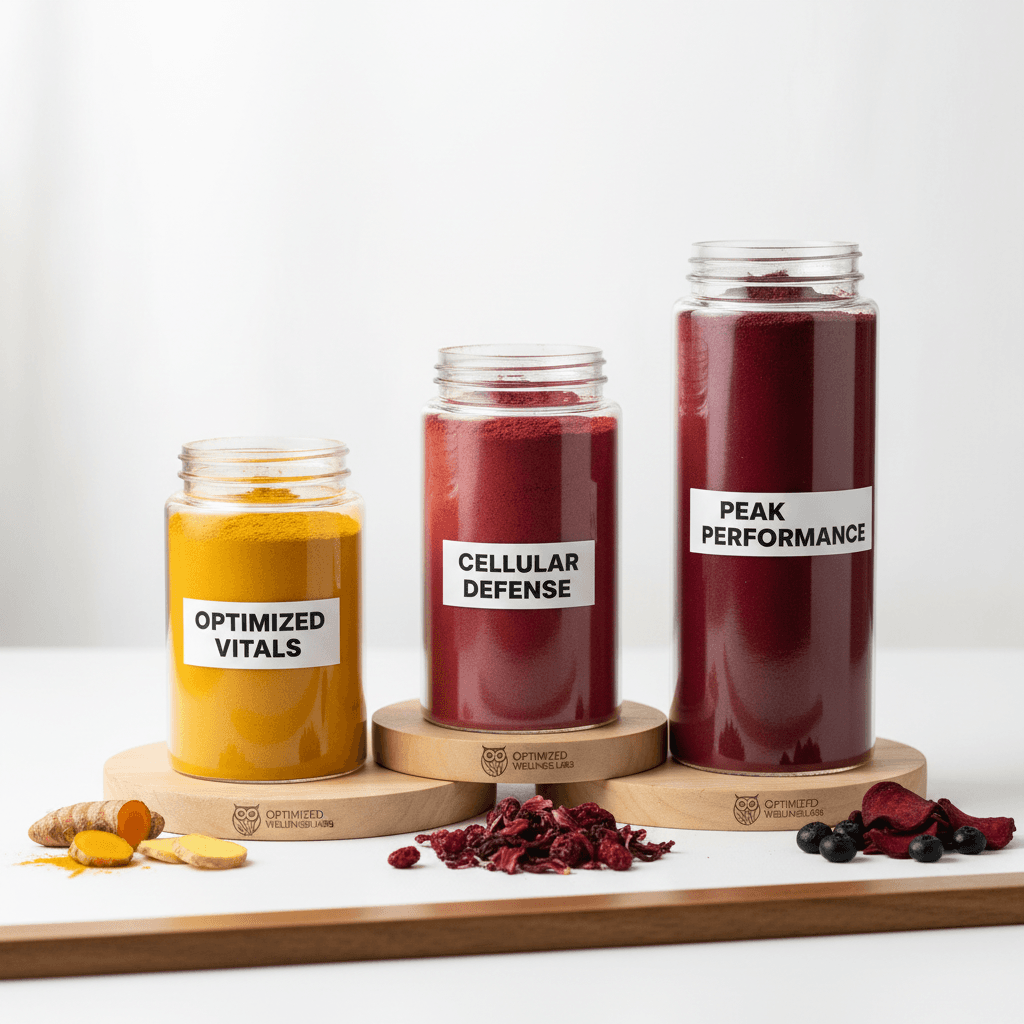 Complete range of Optimized Wellness Labs organic superfoods displayed together