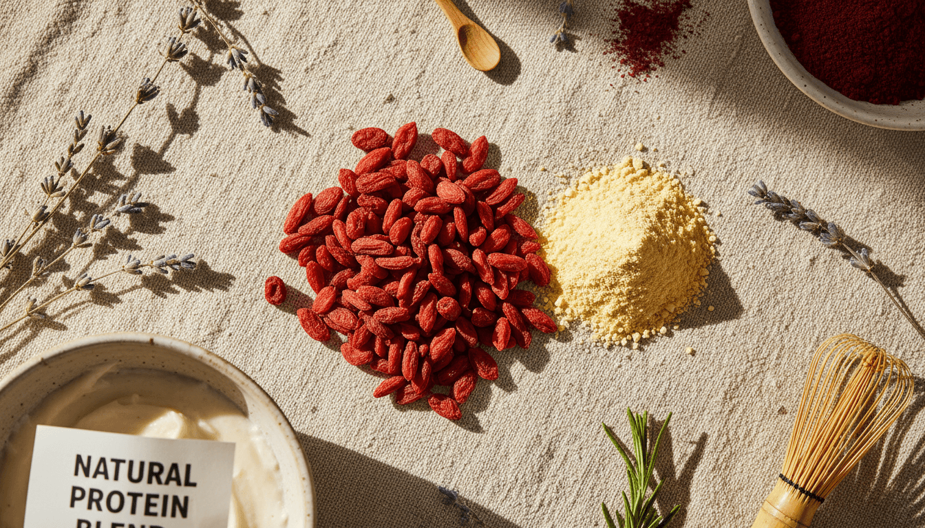 USDA organic certified superfoods including goji berries and crystallized lemon powder arranged on natural linen
