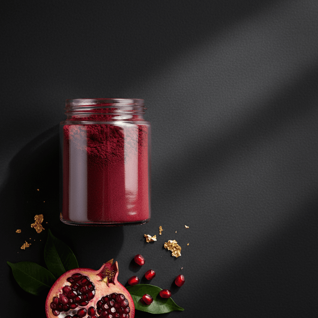 Organic Pomegranate Powder in glass jar with fresh pomegranate