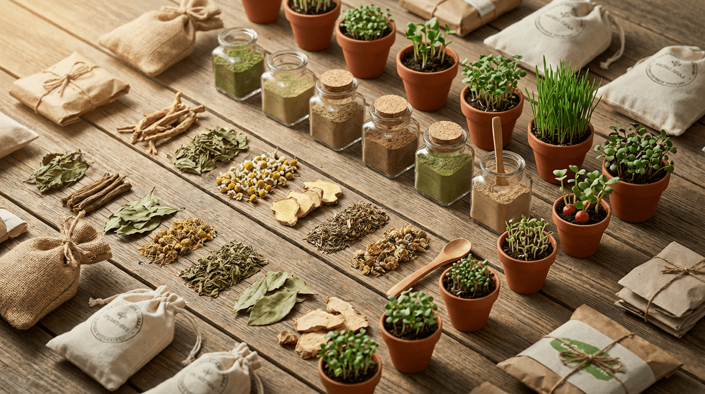 Organic superfoods including goji berries, crystallized lemon powder, and pomegranate powder arranged on natural wood with soft morning light