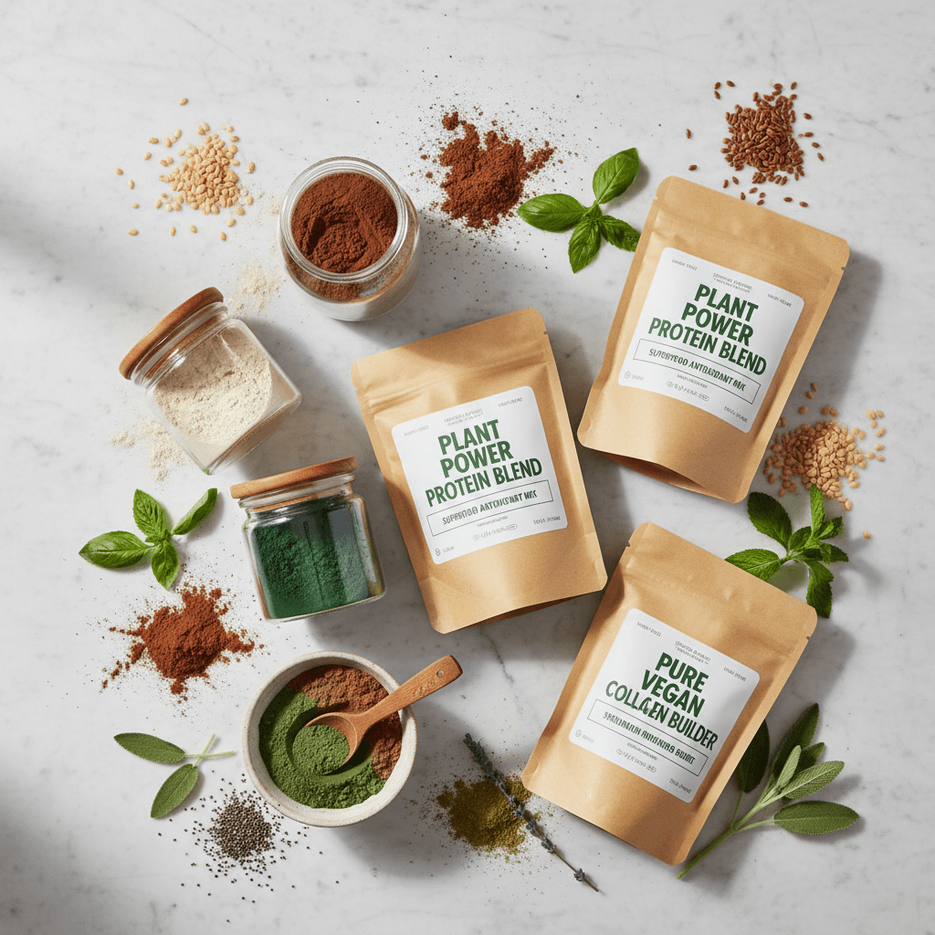 Three Optimized Wellness Labs superfoods arranged in minimal flat lay