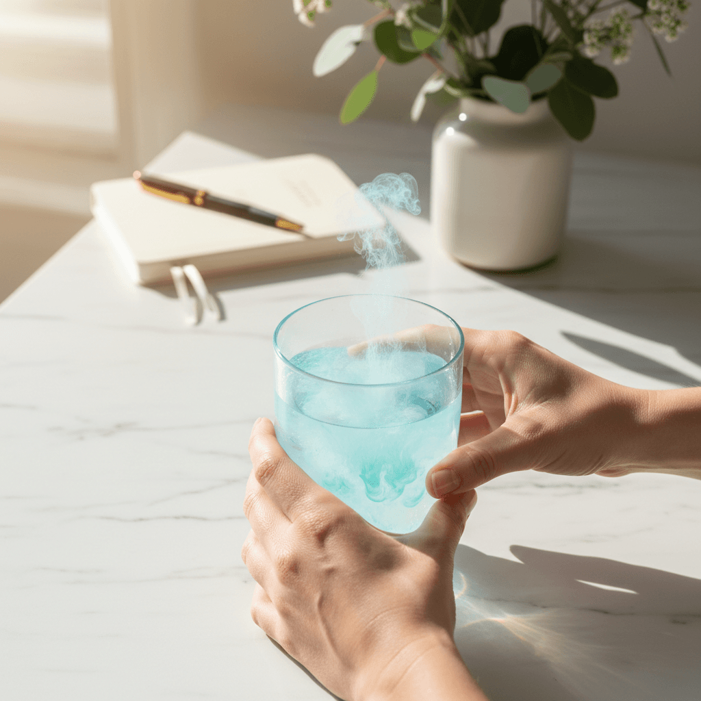 Hand pouring Organic Crystallized Lemon Powder into water in bright kitchen
