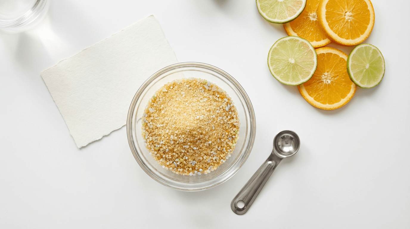 Organic Crystallized Lemon Powder in glass bowl with fresh lemon wedge