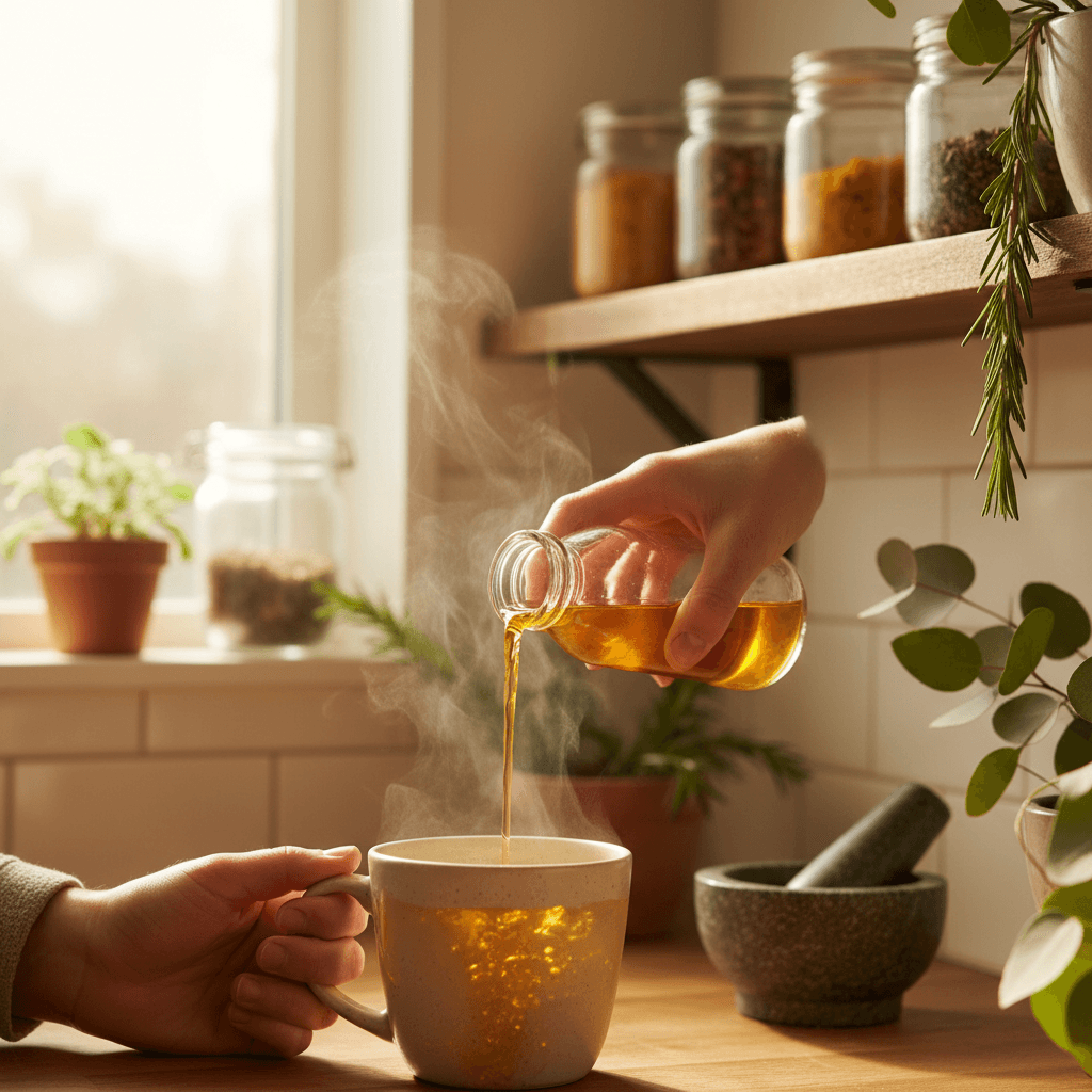 Hands holding golden crystallized lemon powder wellness drink in natural light