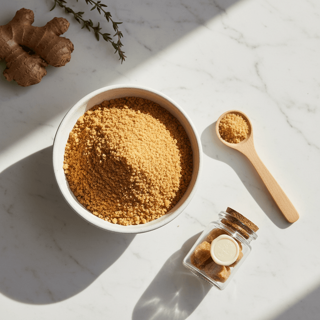 Organic Pomegranate Powder in ceramic spoon with fresh pomegranate seeds