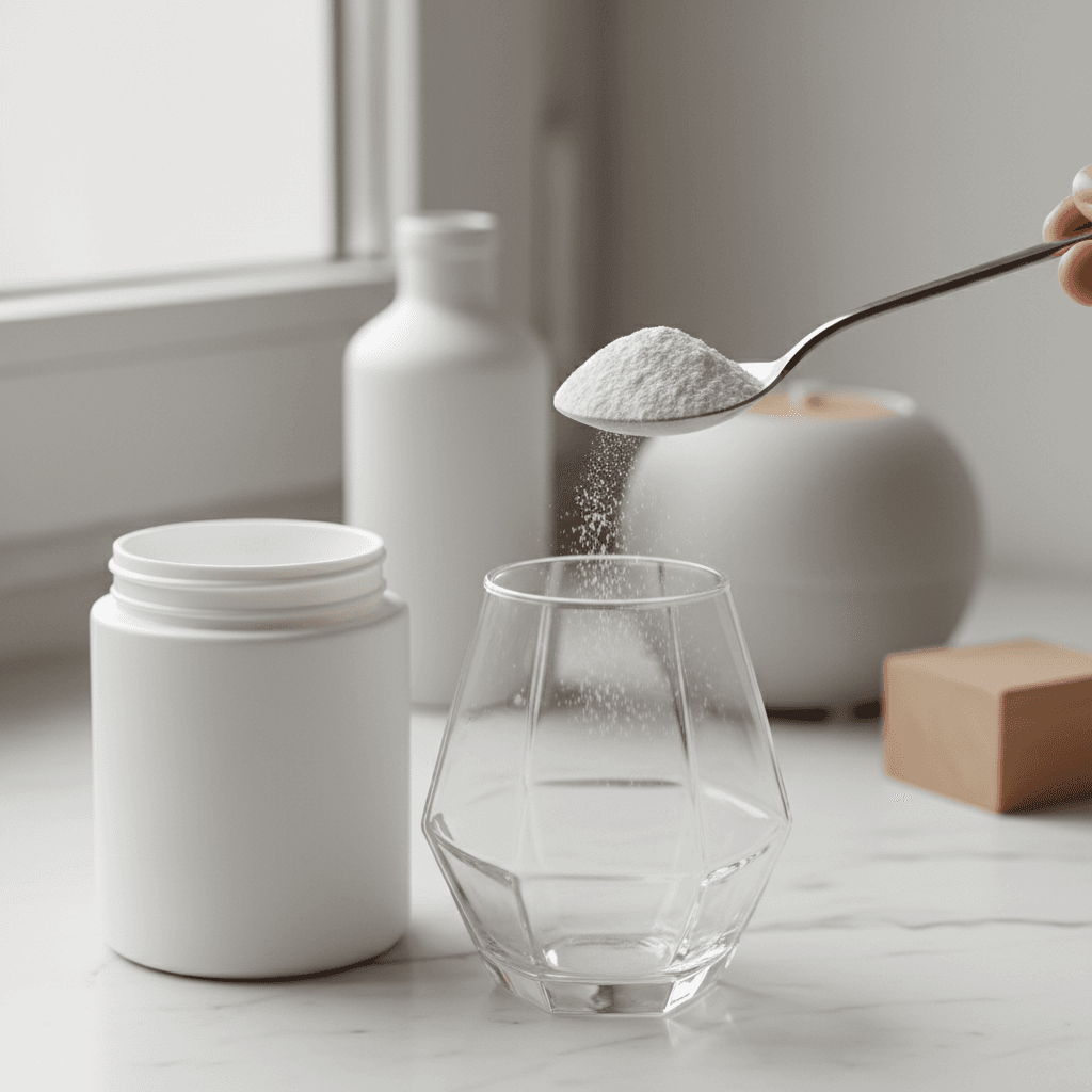 Open container of Organic Pomegranate Powder with wooden measuring spoon