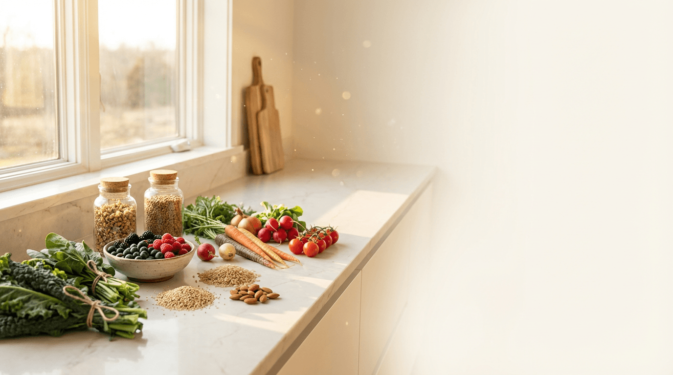 Organic superfoods including crystallized lemon powder, goji berries, and pomegranate powder arranged on natural surfaces